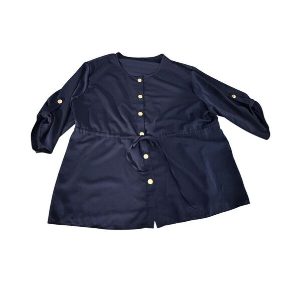 Bloomchic Navy Button-Up Blouse with Gold Accents - Picture 1 of 4
